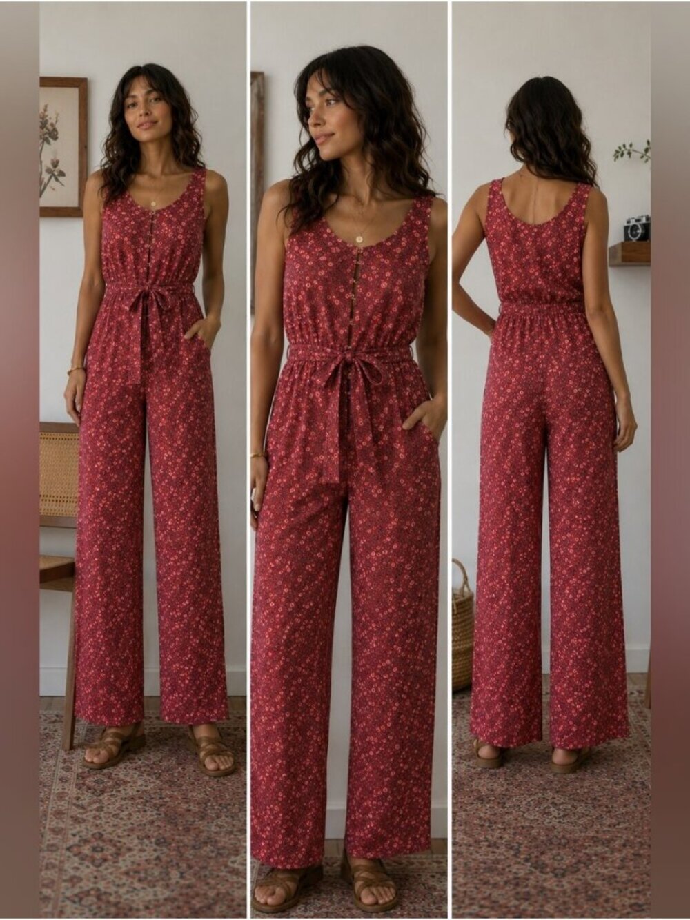 handmade Floral Vintage Jumpsuit - Red
